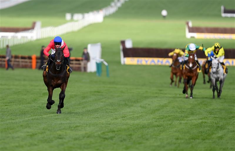CHELTENHAM, ENGLAND - MARCH 17: Paul Townend (blue cap) on Allaho approach the finish line to win The Ryanair Chase race during day three of The Cheltenham Festival 2022 at Cheltenham Racecourse on March 17, 2022 in Cheltenham, England. (Photo by Mike Hewitt/Getty Images)