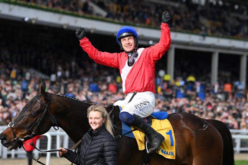 CHELTENHAM, ENGLAND - MARCH 17: Paul Townend on Allaho celebrates victory after The Ryanair Chase race during day three of The Cheltenham Festival 2022 at Cheltenham Racecourse on March 17, 2022 in Cheltenham, England. (Photo by Mike Hewitt/Getty Images)