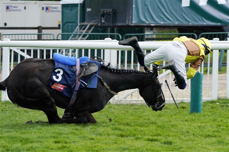 CHELTENHAM, ENGLAND - MARCH 17: Paul Townend and Galopin Des Champs part ways as they lead over the last in The Turners Novices’ Chase race during day three of The Cheltenham Festival 2022 at Cheltenham Racecourse on March 17, 2022 in Cheltenham, England. (Photo by Alan Crowhurst/Getty Images)