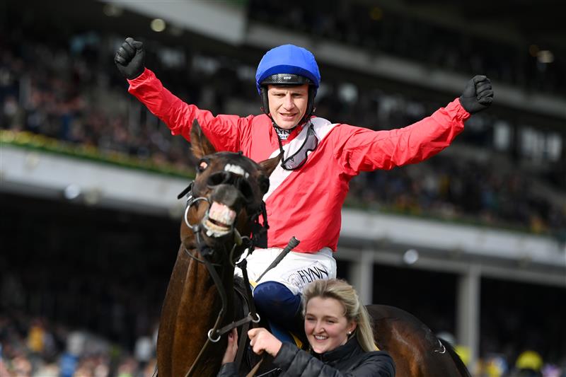 CHELTENHAM, ENGLAND - MARCH 17: Paul Townend on Allaho celebrates victory after The Ryanair Chase race during day three of The Cheltenham Festival 2022 at Cheltenham Racecourse on March 17, 2022 in Cheltenham, England. (Photo by Mike Hewitt/Getty Images)