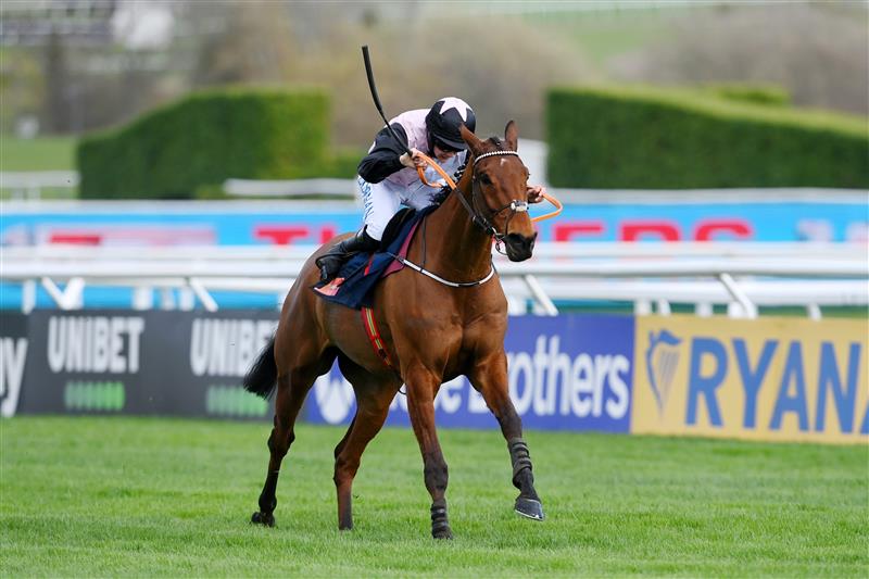 CHELTENHAM, ENGLAND - MARCH 17: Rachael Blackmore on Bob Olinger approach the finish line to win The Turners Novices’ Chase race during day three of The Cheltenham Festival 2022 at Cheltenham Racecourse on March 17, 2022 in Cheltenham, England. (Photo by Mike Hewitt/Getty Images)