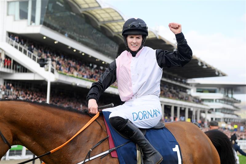 CHELTENHAM, ENGLAND - MARCH 17: Rachael Blackmore on Bob Olinger celebrates victory after The Turners Novices’ Chase race during day three of The Cheltenham Festival 2022 at Cheltenham Racecourse on March 17, 2022 in Cheltenham, England. (Photo by Mike Hewitt/Getty Images)