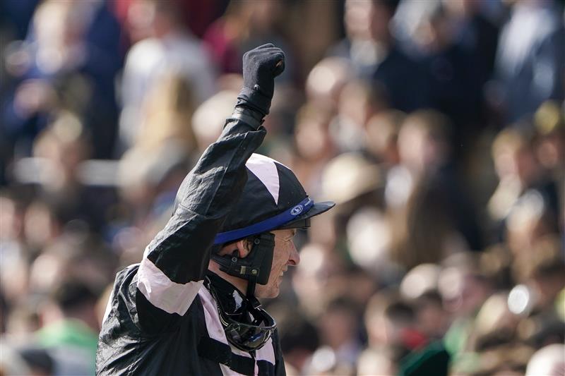 CHELTENHAM, ENGLAND - MARCH 17: Tom O'Brien celebrates victory on Third Wind after victory in The Pertemps Network Final Handicap Hurdle on day three of The Festival at Cheltenham Racecourse on March 17, 2022 in Cheltenham, England. (Photo by Alan Crowhurst/Getty Images)