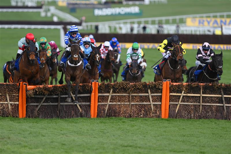 CHELTENHAM, ENGLAND - MARCH 17: Tom O'Brien (R, black and pink kit) on Third Wind clear the last to win The Pertemps Network Final Handicap Hurdle race during day three of The Cheltenham Festival 2022 at Cheltenham Racecourse on March 17, 2022 in Cheltenham, England. (Photo by Mike Hewitt/Getty Images)