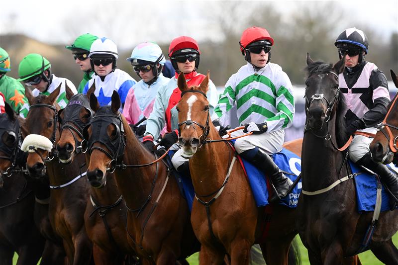CHELTENHAM, ENGLAND - MARCH 17: Tom O'Brien on Third Wind (R, black and pink kit) line up with other jockeys and horses for the start in The Pertemps Network Final Handicap Hurdle during day three of The Cheltenham Festival 2022 at Cheltenham Racecourse on March 17, 2022 in Cheltenham, England. (Photo by Mike Hewitt/Getty Images)
