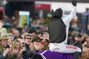 CHELTENHAM, ENGLAND - MARCH 17: Danny Mullins celebrates victory on Flooring Porter after winning The Paddy Power Stayers' Hurdle on day three of The Festival at Cheltenham Racecourse on March 17, 2022 in Cheltenham, England. (Photo by Alan Crowhurst/Getty Images)