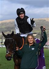 CHELTENHAM, ENGLAND - MARCH 17: Danny Mullins and Flooring Porter celebrates after winning the Paddy Power Stayers' Hurdle on day three of the Cheltenham Festival 2022 at Cheltenham Racecourse on March 17, 2022 in Cheltenham, England. (Photo by Mike Hewitt/Getty Images)