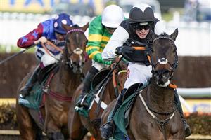CHELTENHAM, ENGLAND - MARCH 17: Danny Mullins riding Flooring Porter clear the last to win The Paddy Power Stayers' Hurdle on day three of The Festival at Cheltenham Racecourse on March 17, 2022 in Cheltenham, England. (Photo by Alan Crowhurst/Getty Images)