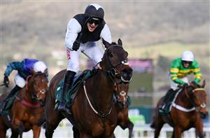 CHELTENHAM, ENGLAND - MARCH 17: Danny Mullins (black and white kit) on Flooring Porter celebrates as they approach the finish line to win The Paddy Power Stayers’ Hurdle race during day three of The Cheltenham Festival 2022 at Cheltenham Racecourse on March 17, 2022 in Cheltenham, England. (Photo by Mike Hewitt/Getty Images)