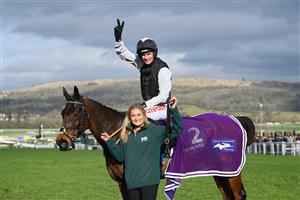 CHELTENHAM, ENGLAND - MARCH 17: Danny Mullins (black and white kit) on Flooring Porter pose for a photo after winning The Paddy Power Stayers’ Hurdle race during day three of The Cheltenham Festival 2022 at Cheltenham Racecourse on March 17, 2022 in Cheltenham, England. (Photo by Mike Hewitt/Getty Images)