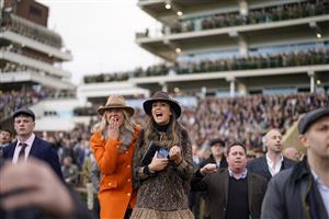 CHELTENHAM, ENGLAND - MARCH 17: Cheering on a winner on day three of The Festival at Cheltenham Racecourse on March 17, 2022 in Cheltenham, England. (Photo by Alan Crowhurst/Getty Images)