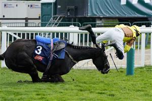 CHELTENHAM, ENGLAND - MARCH 17: Paul Townend and Galopin Des Champs part ways as they lead over the last in The Turners Novices’ Chase race during day three of The Cheltenham Festival 2022 at Cheltenham Racecourse on March 17, 2022 in Cheltenham, England. (Photo by Alan Crowhurst/Getty Images)