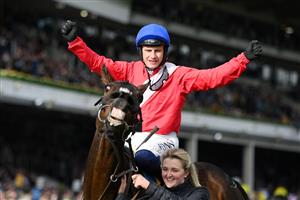 CHELTENHAM, ENGLAND - MARCH 17: Paul Townend on Allaho celebrates victory after The Ryanair Chase race during day three of The Cheltenham Festival 2022 at Cheltenham Racecourse on March 17, 2022 in Cheltenham, England. (Photo by Mike Hewitt/Getty Images)