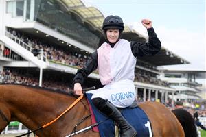 CHELTENHAM, ENGLAND - MARCH 17: Rachael Blackmore on Bob Olinger celebrates victory after The Turners Novices’ Chase race during day three of The Cheltenham Festival 2022 at Cheltenham Racecourse on March 17, 2022 in Cheltenham, England. (Photo by Mike Hewitt/Getty Images)