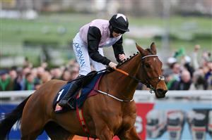 CHELTENHAM, ENGLAND - MARCH 17: Rachael Blackmore on Bob Olinger approach the finish line to win The Turners Novices’ Chase race during day three of The Cheltenham Festival 2022 at Cheltenham Racecourse on March 17, 2022 in Cheltenham, England. (Photo by Mike Hewitt/Getty Images)