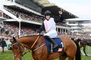 CHELTENHAM, ENGLAND - MARCH 17: Rachael Blackmore on Bob Olinger celebrates victory after The Turners Novices’ Chase race during day three of The Cheltenham Festival 2022 at Cheltenham Racecourse on March 17, 2022 in Cheltenham, England. (Photo by Mike Hewitt/Getty Images)