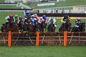 CHELTENHAM, ENGLAND - MARCH 17: Tom O'Brien (R, black and pink kit) on Third Wind clear the last to win The Pertemps Network Final Handicap Hurdle race during day three of The Cheltenham Festival 2022 at Cheltenham Racecourse on March 17, 2022 in Cheltenham, England. (Photo by Mike Hewitt/Getty Images)