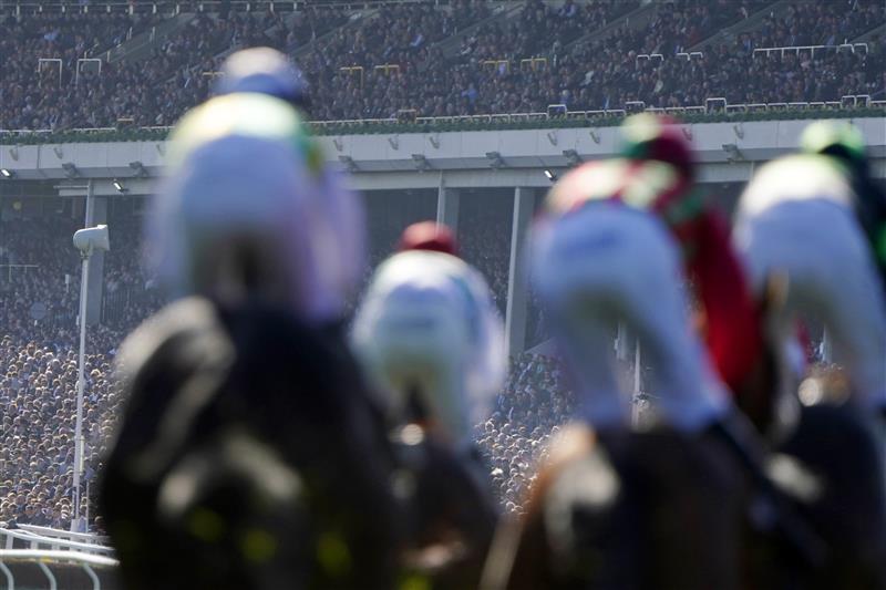 CHELTENHAM, ENGLAND - MARCH 18: Spectators are seen in the grandstand as they watch The Albert Bartlett Novices' Hurdle race during day four of the Cheltenham Festival 2022 at Cheltenham Racecourse on March 18, 2022 in Cheltenham, England. (Photo by Alan Crowhurst/Getty Images)