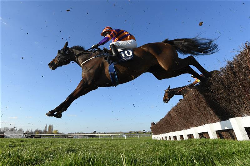 CHELTENHAM, ENGLAND - MARCH 18: MC O'Donovan and Lord Schnitzel jump the 3rd last in the St. James's Place Festival Challenge Cup Open Hunters' Chase on day four of the Cheltenham Festival 2022 at Cheltenham Racecourse on March 18, 2022 in Cheltenham, England. (Photo by Mike Hewitt/Getty Images)