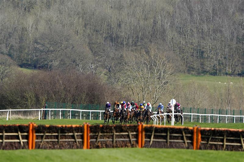 CHELTENHAM, ENGLAND - MARCH 18: A general view of jockeys and horses running in The Albert Bartlett Novices' Hurdle race during day four of the Cheltenham Festival 2022 at Cheltenham Racecourse on March 18, 2022 in Cheltenham, England. (Photo by Alan Crowhurst/Getty Images)