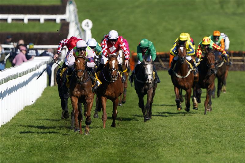 CHELTENHAM, ENGLAND - MARCH 18: Paul Townend on Vauban (L, pink kit) approach the finish line to win The JCB Triumph Hurdle race during day four of the Cheltenham Festival 2022 at Cheltenham Racecourse on March 18, 2022 in Cheltenham, England. (Photo by Alan Crowhurst/Getty Images)
