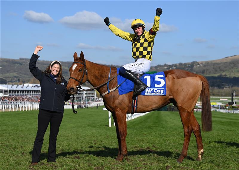 CHELTENHAM, ENGLAND - MARCH 18: Paul Townend on State Man celebrates after their victory in The McCoy Contractors County Handicap Hurdle race during day four of the Cheltenham Festival 2022 at Cheltenham Racecourse on March 18, 2022 in Cheltenham, England. (Photo by Mike Hewitt/Getty Images)