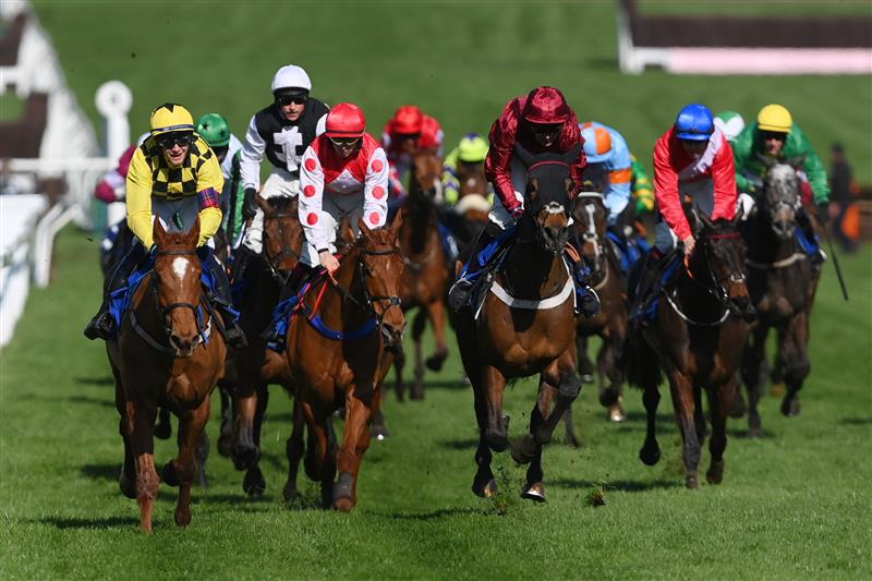 CHELTENHAM, ENGLAND - MARCH 18: Paul Townend (L, yellow kit) on State Man looks on after crossing the finish line to win The McCoy Contractors County Handicap Hurdle race during day four of the Cheltenham Festival 2022 at Cheltenham Racecourse on March 18, 2022 in Cheltenham, England. (Photo by Mike Hewitt/Getty Images)