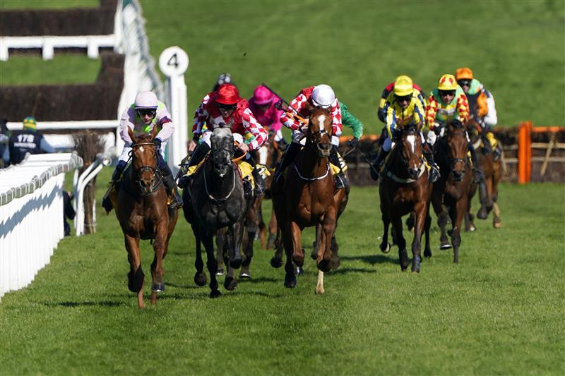 CHELTENHAM, ENGLAND - MARCH 18: Paul Townend on Vauban (L, pink kit) approach the finish line to win The JCB Triumph Hurdle race during day four of the Cheltenham Festival 2022 at Cheltenham Racecourse on March 18, 2022 in Cheltenham, England. (Photo by Alan Crowhurst/Getty Images)