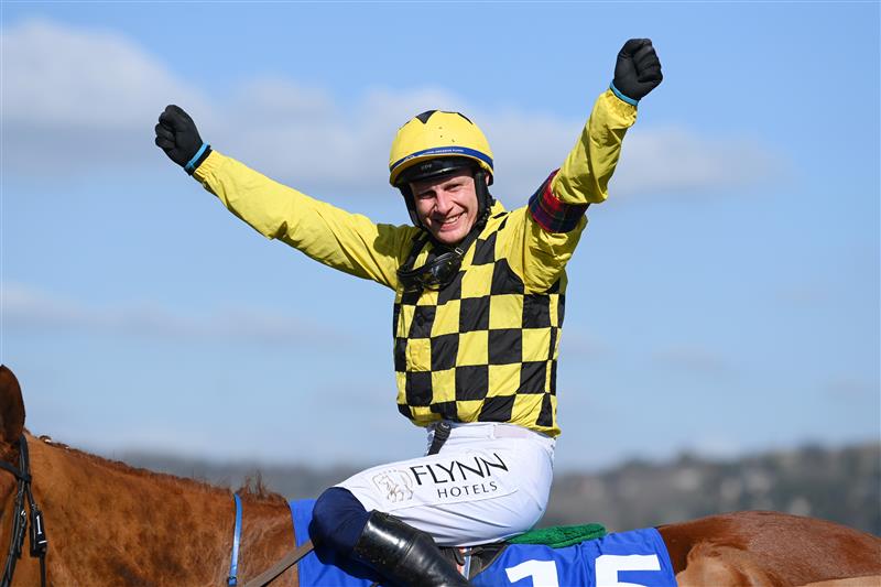 CHELTENHAM, ENGLAND - MARCH 18: Paul Townend on State Man celebrates after their victory in The McCoy Contractors County Handicap Hurdle race during day four of the Cheltenham Festival 2022 at Cheltenham Racecourse on March 18, 2022 in Cheltenham, England. (Photo by Mike Hewitt/Getty Images)