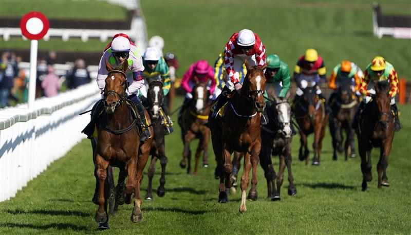 CHELTENHAM, ENGLAND - MARCH 18: Paul Townend on Vauban (L, pink kit) approach the finish line to win The JCB Triumph Hurdle race during day four of the Cheltenham Festival 2022 at Cheltenham Racecourse on March 18, 2022 in Cheltenham, England. (Photo by Alan Crowhurst/Getty Images)