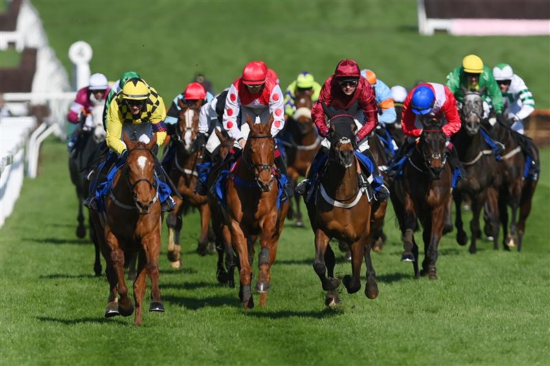 CHELTENHAM, ENGLAND - MARCH 18: Paul Townend (L, yellow kit) on State Man approach the finish line to win The McCoy Contractors County Handicap Hurdle race during day four of the Cheltenham Festival 2022 at Cheltenham Racecourse on March 18, 2022 in Cheltenham, England. (Photo by Mike Hewitt/Getty Images)