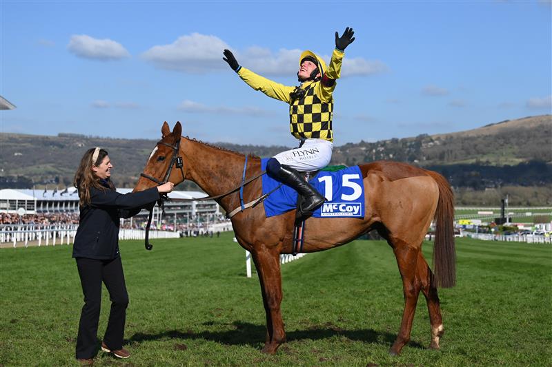 CHELTENHAM, ENGLAND - MARCH 18: Paul Townend on State Man celebrates after their victory in The McCoy Contractors County Handicap Hurdle race during day four of the Cheltenham Festival 2022 at Cheltenham Racecourse on March 18, 2022 in Cheltenham, England. (Photo by Mike Hewitt/Getty Images)