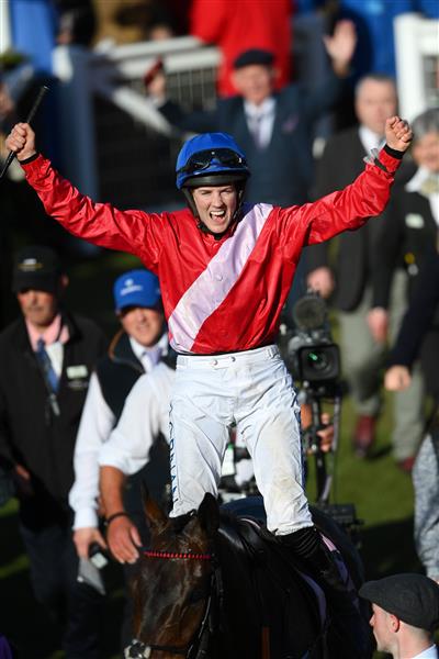 CHELTENHAM, ENGLAND - MARCH 18: Rachael Blackmore on A Plus Tard celebrates winning The Boodles Cheltenham Gold Cup Chase race during day four of the Cheltenham Festival 2022 at Cheltenham Racecourse on March 18, 2022 in Cheltenham, England. (Photo by Mike Hewitt/Getty Images)
