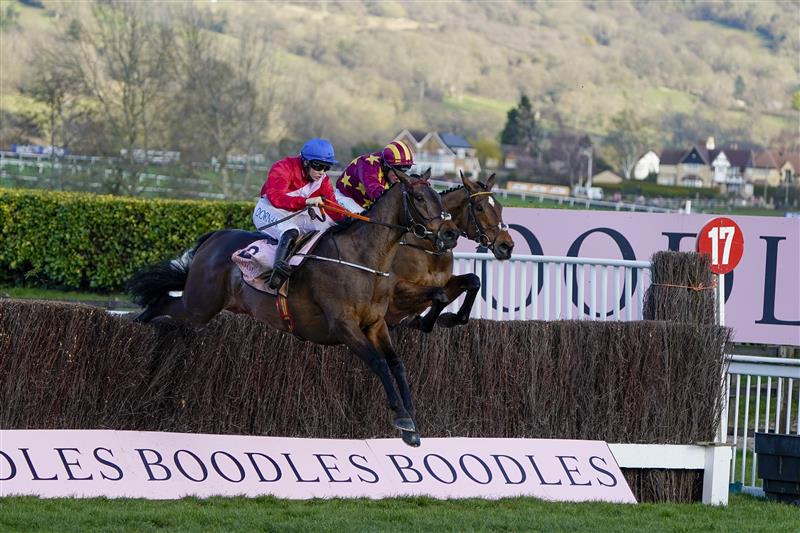 CHELTENHAM, ENGLAND - MARCH 18: Rachael Blackmore riding A Plus Tard (red) clear the last to win The Boodles Cheltenham Gold Cup Chase on day four of The Festival at Cheltenham Racecourse on March 18, 2022 in Cheltenham, England. (Photo by Alan Crowhurst/Getty Images)
