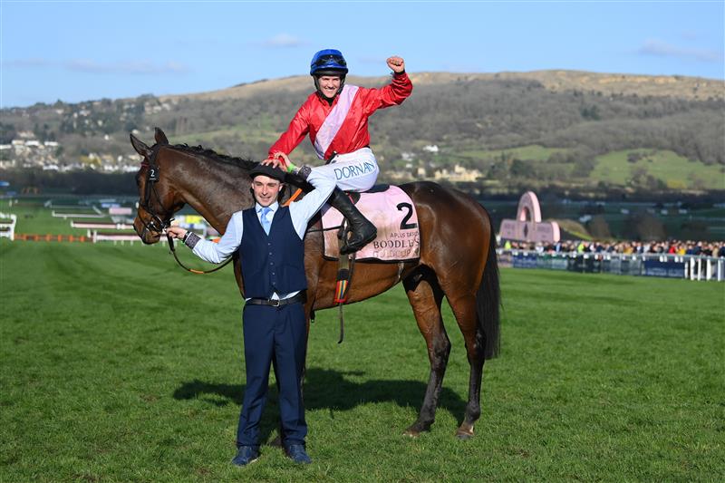 CHELTENHAM, ENGLAND - MARCH 18: Rachael Blackmore on A Plus Tard celebrates winning The Boodles Cheltenham Gold Cup Chase race during day four of the Cheltenham Festival 2022 at Cheltenham Racecourse on March 18, 2022 in Cheltenham, England. (Photo by Mike Hewitt/Getty Images)