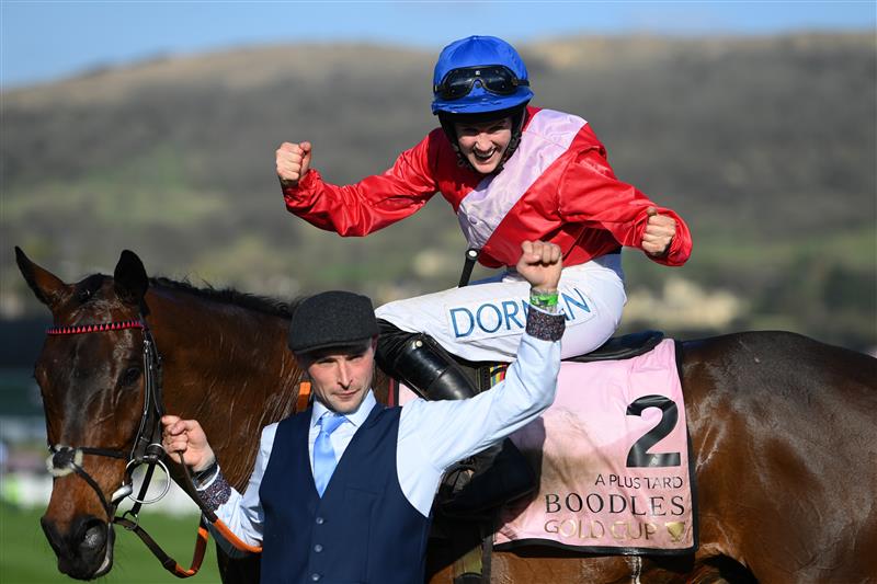 CHELTENHAM, ENGLAND - MARCH 18: Rachael Blackmore on A Plus Tard celebrates winning The Boodles Cheltenham Gold Cup Chase race during day four of the Cheltenham Festival 2022 at Cheltenham Racecourse on March 18, 2022 in Cheltenham, England. (Photo by Mike Hewitt/Getty Images)