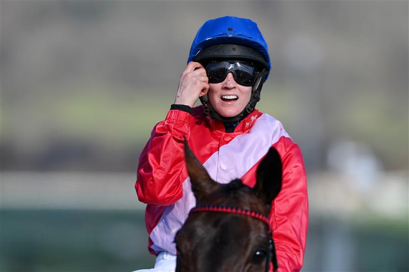 CHELTENHAM, ENGLAND - MARCH 18: Rachael Blackmore on A Plus Tard celebrates winning The Boodles Cheltenham Gold Cup Chase race during day four of the Cheltenham Festival 2022 at Cheltenham Racecourse on March 18, 2022 in Cheltenham, England. (Photo by Mike Hewitt/Getty Images)