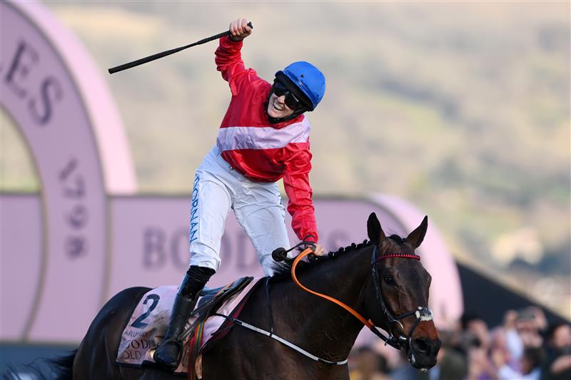 CHELTENHAM, ENGLAND - MARCH 18: Rachael Blackmore on A Plus Tard celebrates winning The Boodles Cheltenham Gold Cup Chase race during day four of the Cheltenham Festival 2022 at Cheltenham Racecourse on March 18, 2022 in Cheltenham, England. (Photo by Mike Hewitt/Getty Images)