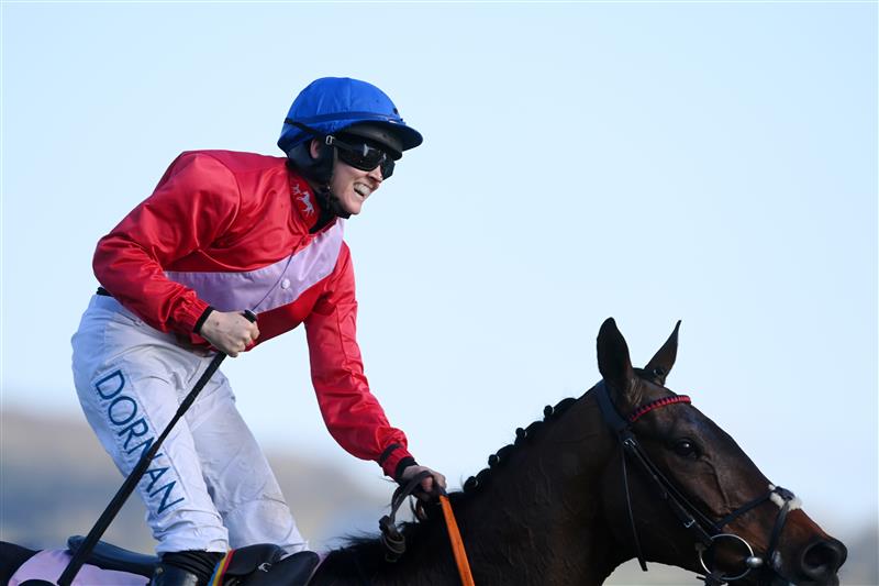 CHELTENHAM, ENGLAND - MARCH 18: Rachael Blackmore on A Plus Tard celebrates winning The Boodles Cheltenham Gold Cup Chase race during day four of the Cheltenham Festival 2022 at Cheltenham Racecourse on March 18, 2022 in Cheltenham, England. (Photo by Mike Hewitt/Getty Images)