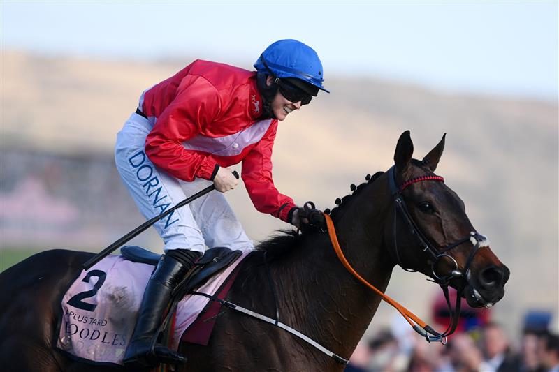 CHELTENHAM, ENGLAND - MARCH 18: Rachael Blackmore on A Plus Tard celebrates winning The Boodles Cheltenham Gold Cup Chase race during day four of the Cheltenham Festival 2022 at Cheltenham Racecourse on March 18, 2022 in Cheltenham, England. (Photo by Mike Hewitt/Getty Images)