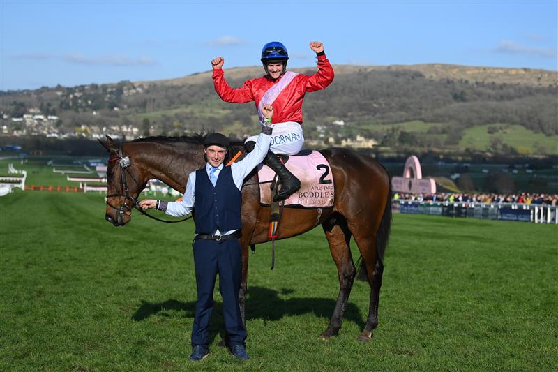 CHELTENHAM, ENGLAND - MARCH 18: Rachael Blackmore on A Plus Tard celebrates winning The Boodles Cheltenham Gold Cup Chase race during day four of the Cheltenham Festival 2022 at Cheltenham Racecourse on March 18, 2022 in Cheltenham, England. (Photo by Mike Hewitt/Getty Images)