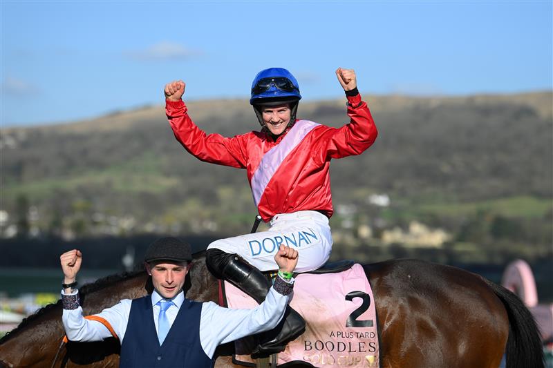 CHELTENHAM, ENGLAND - MARCH 18: Rachael Blackmore on A Plus Tard celebrates winning The Boodles Cheltenham Gold Cup Chase race during day four of the Cheltenham Festival 2022 at Cheltenham Racecourse on March 18, 2022 in Cheltenham, England. (Photo by Mike Hewitt/Getty Images)
