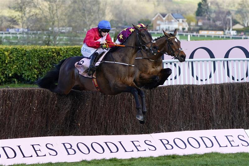CHELTENHAM, ENGLAND - MARCH 18: Rachael Blackmore on A Plus Tard clear the last ahead of Robbie Power on Minella Indo to win The Boodles Cheltenham Gold Cup Chase race during day four of the Cheltenham Festival 2022 at Cheltenham Racecourse on March 18, 2022 in Cheltenham, England. (Photo by Alan Crowhurst/Getty Images)