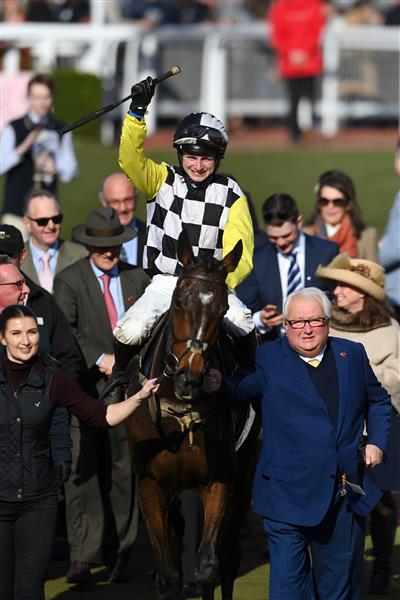 CHELTENHAM, ENGLAND - MARCH 18: Sean O'Keeffe on The Nice Guy celebrates after their victory in The Albert Bartlett Novices' Hurdle race during day four of the Cheltenham Festival 2022 at Cheltenham Racecourse on March 18, 2022 in Cheltenham, England. (Photo by Mike Hewitt/Getty Images)