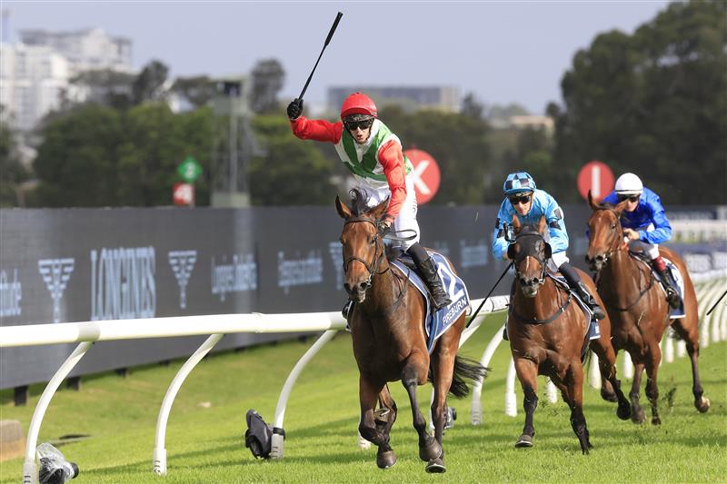SYDNEY, AUSTRALIA - MARCH 19: Brenton Avdulla on Fireburn 
 wins race 8 the Longines Golden Slipperduring Sydney Racing Longines Golden Slipper Day, at Rosehill Gardens on March 19, 2022 in Sydney, Australia. (Photo by Mark Evans/Getty Images)