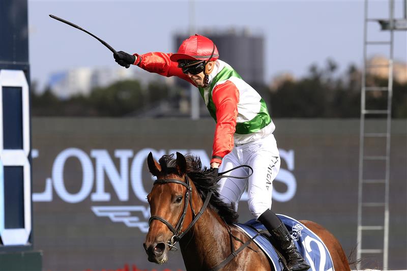 SYDNEY, AUSTRALIA - MARCH 19: Brenton Avdulla on Fireburn 
 wins race 8 the Longines Golden Slipperduring Sydney Racing Longines Golden Slipper Day, at Rosehill Gardens on March 19, 2022 in Sydney, Australia. (Photo by Mark Evans/Getty Images)
