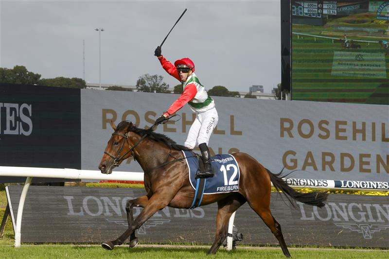 SYDNEY, AUSTRALIA - MARCH 19: Brenton Avdulla on Fireburn wins race 8 the Longines Golden Slipper during Sydney Racing Longines Golden Slipper Day, at Rosehill Gardens on March 19, 2022 in Sydney, Australia. (Photo by Jenny Evans/Getty Images)