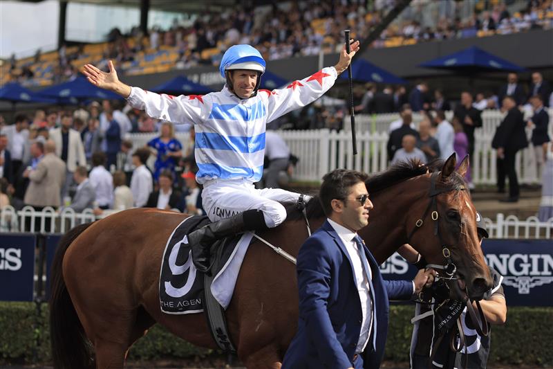 SYDNEY, AUSTRALIA - MARCH 19: Hugh Bowman on Forbidden Love returns to scale after winning race 7 the Agency George Ryder Stakes during Sydney Racing Longines Golden Slipper Day, at Rosehill Gardens on March 19, 2022 in Sydney, Australia. (Photo by Mark Evans/Getty Images)