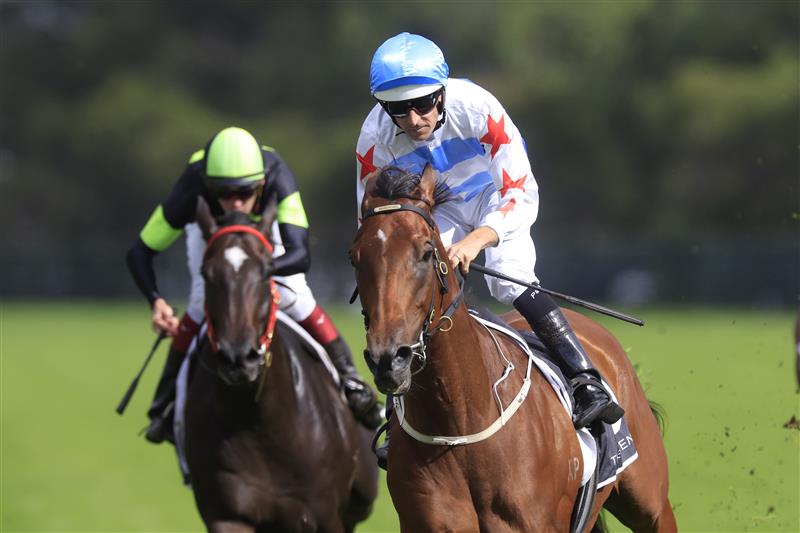SYDNEY, AUSTRALIA - MARCH 19: Hugh Bowman on Forbidden Love wins race 7 the Agency George Ryder Stakes during Sydney Racing Longines Golden Slipper Day, at Rosehill Gardens on March 19, 2022 in Sydney, Australia. (Photo by Mark Evans/Getty Images)