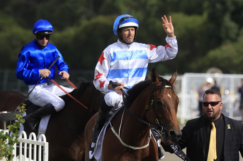 SYDNEY, AUSTRALIA - MARCH 19: Hugh Bowman on Forbidden Love returns to scale after winning race 7 the Agency George Ryder Stakes during Sydney Racing Longines Golden Slipper Day, at Rosehill Gardens on March 19, 2022 in Sydney, Australia. (Photo by Mark Evans/Getty Images)